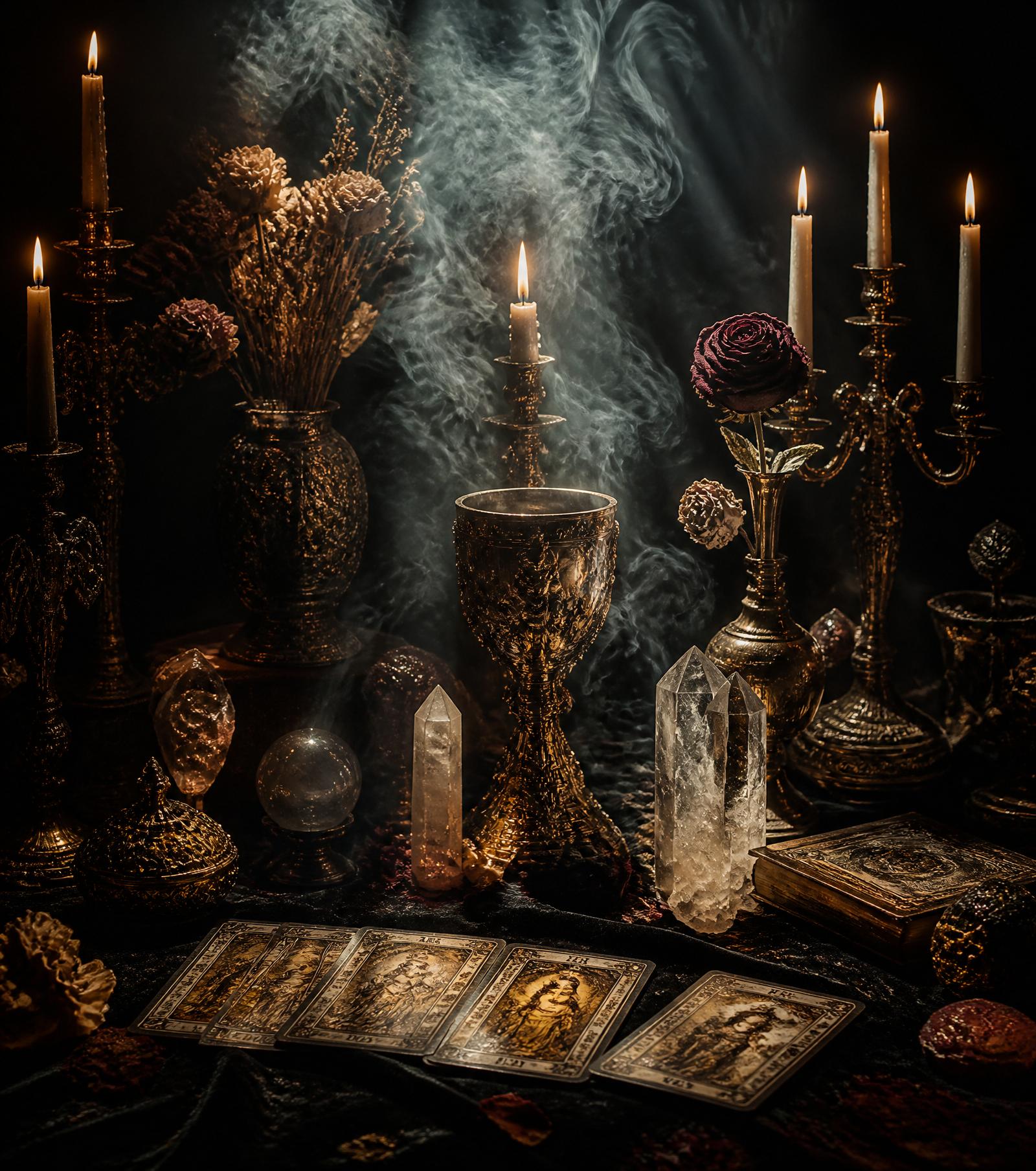 Altar místico com velas douradas, cálice, cristais e cartas de tarô
