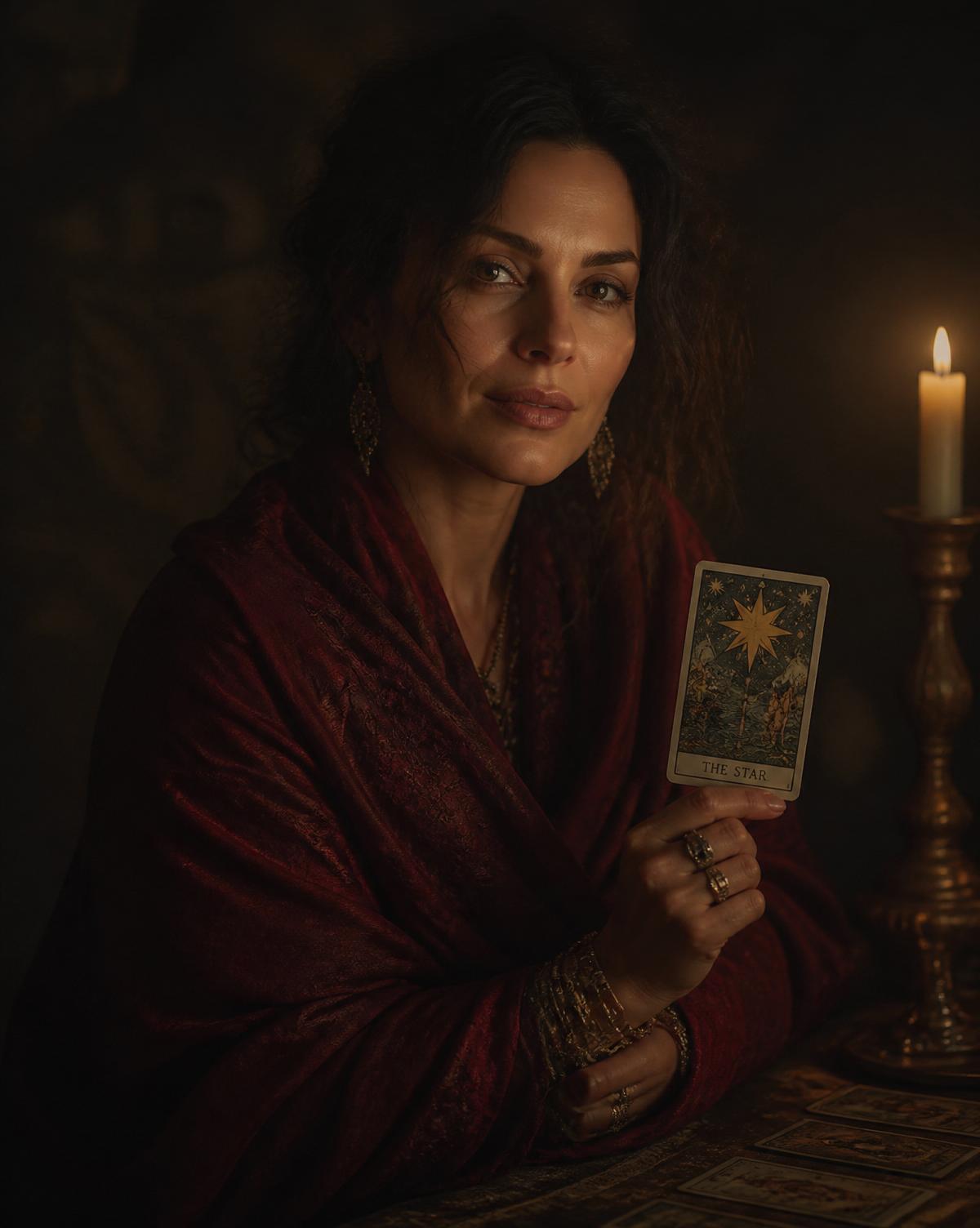 Retrato de Madame Selene à luz de vela, envolta em xale bordô, segurando A Estrela