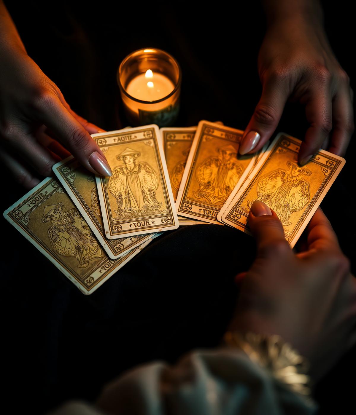 Mãos abrindo cartas de tarô sob a luz de uma vela